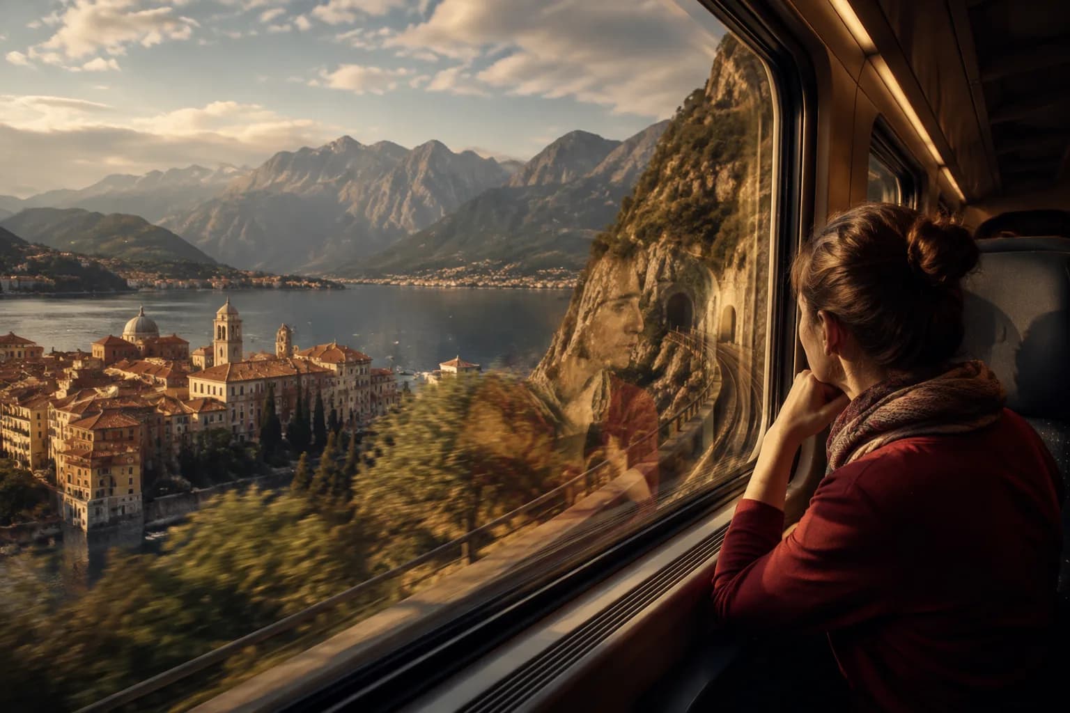 Viajera contemplando un recorrido europeo desde la ventana de un tren